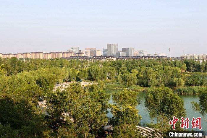 從完成頂層設(shè)計到如火如荼大規(guī)模建設(shè)，六年來，雄安新區(qū)如春天的竹子一般拔節(jié)生長，這座承載千年大計的“未來之城”已雄姿初顯。從“一張白紙”開始著墨，如今的雄安新區(qū)已是濃墨重彩的“山水畫”。<a target='_blank' href='/'>中新社</a>記者近日走訪了雄安新區(qū)多地，從“藍綠金”三色感受這座“未來之城”的巨大變化。圖為7月18日拍攝的河北雄安新區(qū)金湖公園。 <a target='_blank' href='/'>中新社</a>記者 易海菲 攝